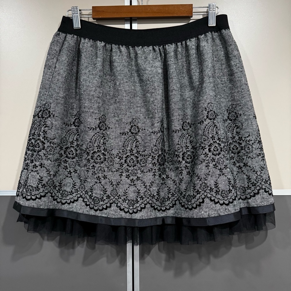 Joe Benbasset Mini Skirt L Tweed Black Floral Embroidery Grunge Y2K Whimsigoth